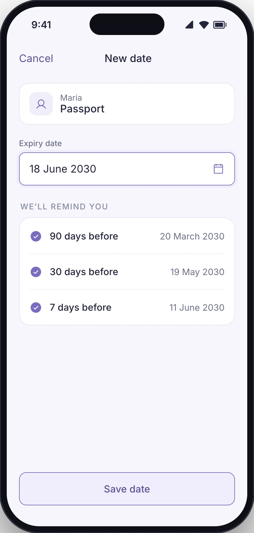 Conceptual product UI. Adding a passport expiry date with three reminders