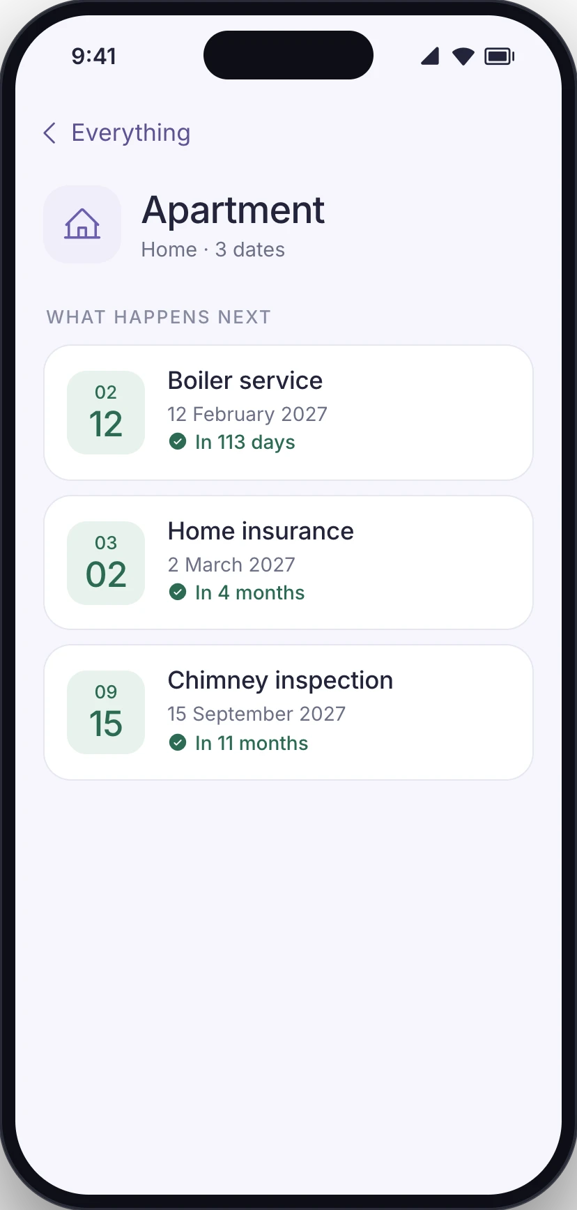 Conceptual product UI. Dates grouped under the home