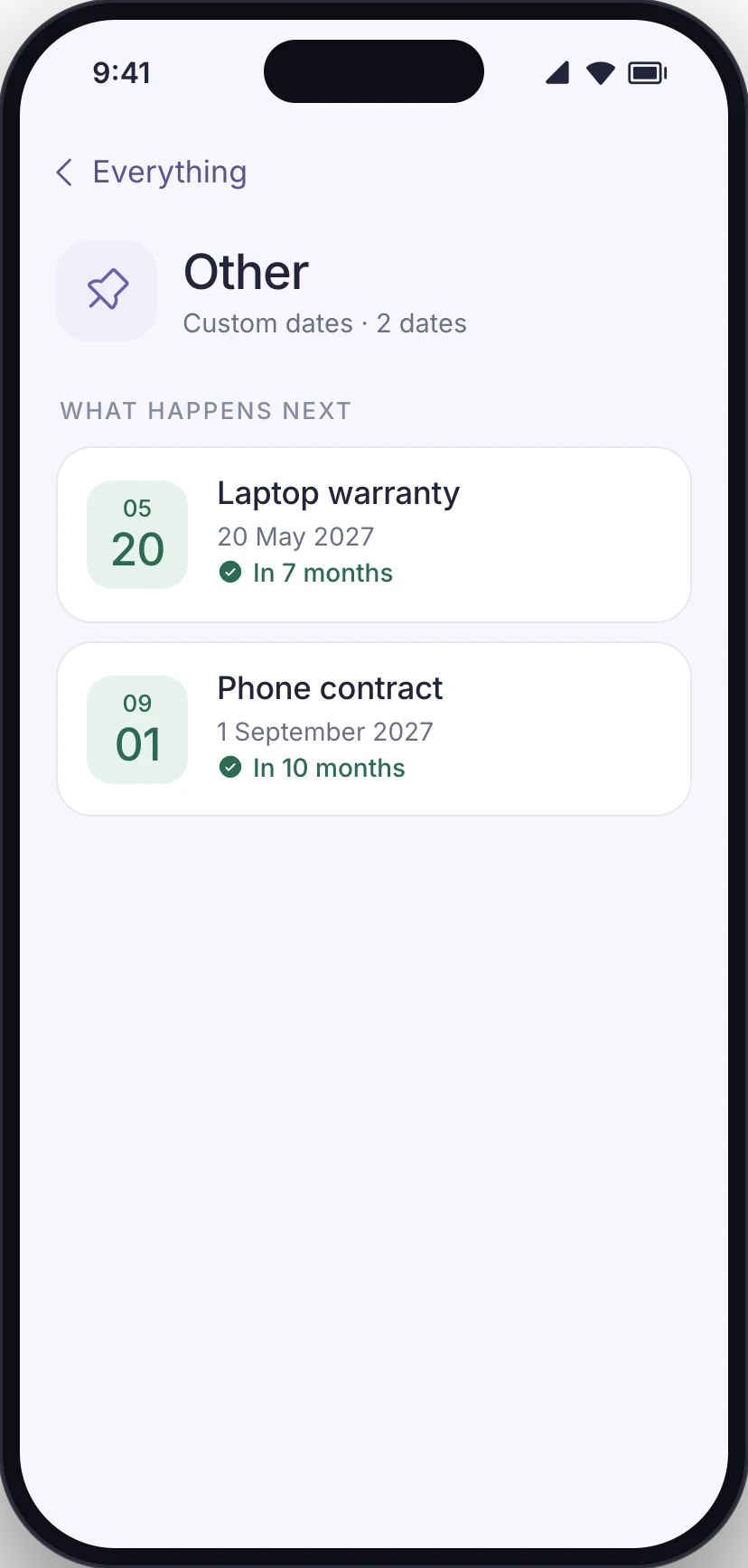 Conceptual product UI. Custom dates grouped under Other