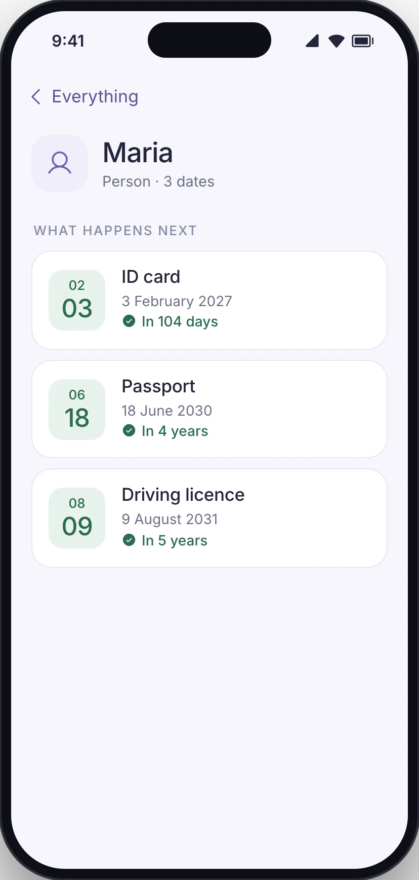 Conceptual product UI. Dates grouped under one person