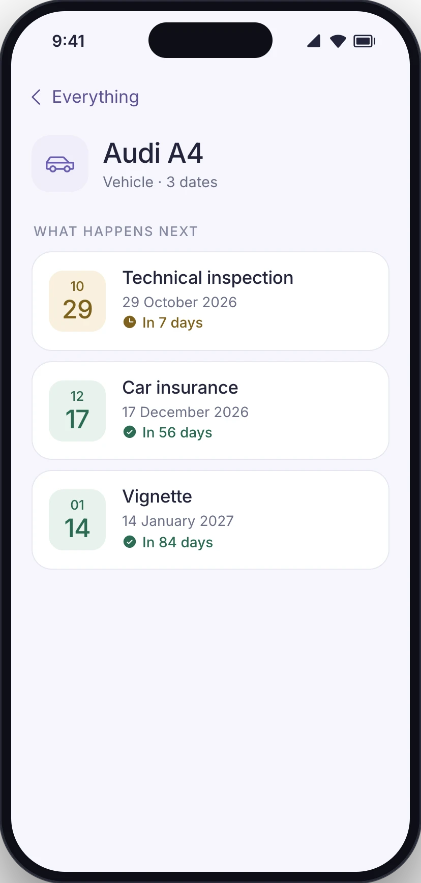 Conceptual product UI. Dates grouped under one vehicle