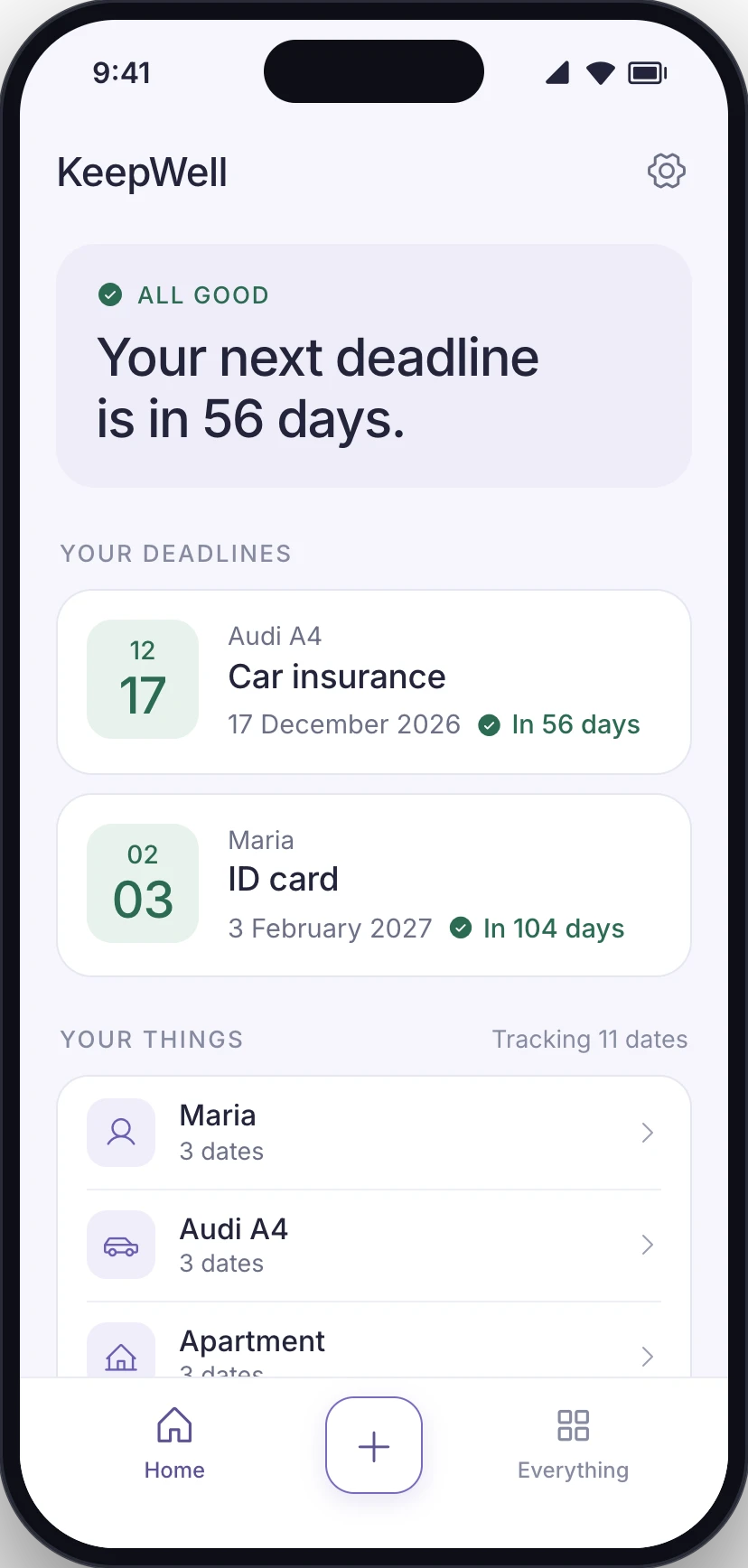 Conceptual product UI. KeepWell Home screen: all good, next deadline in 56 days