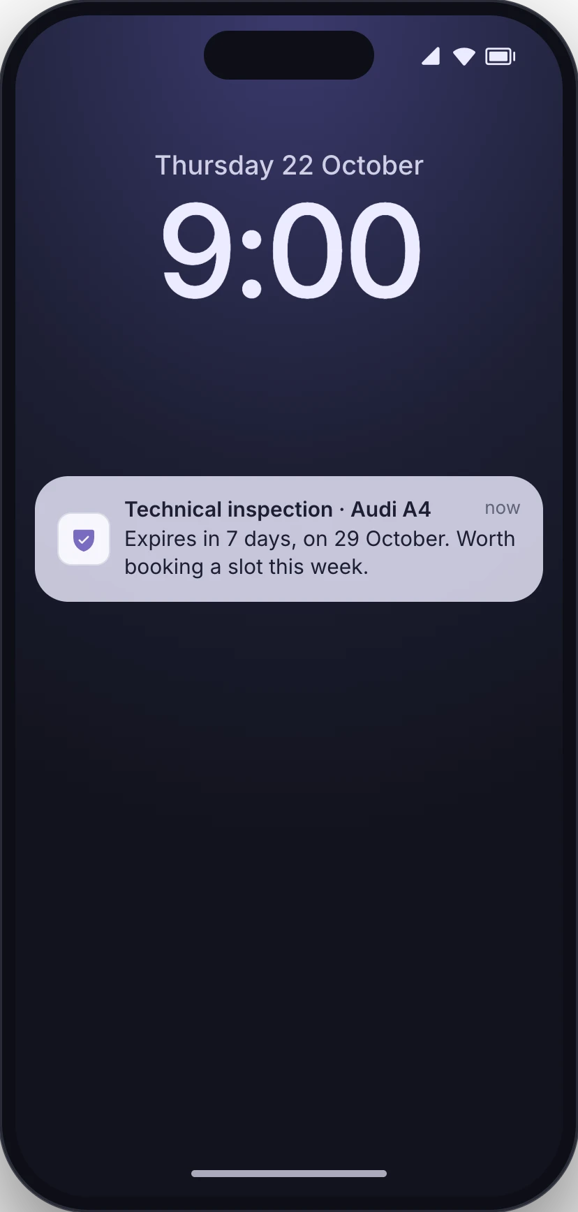 Conceptual product UI. Lock screen reminder: technical inspection expires in 7 days