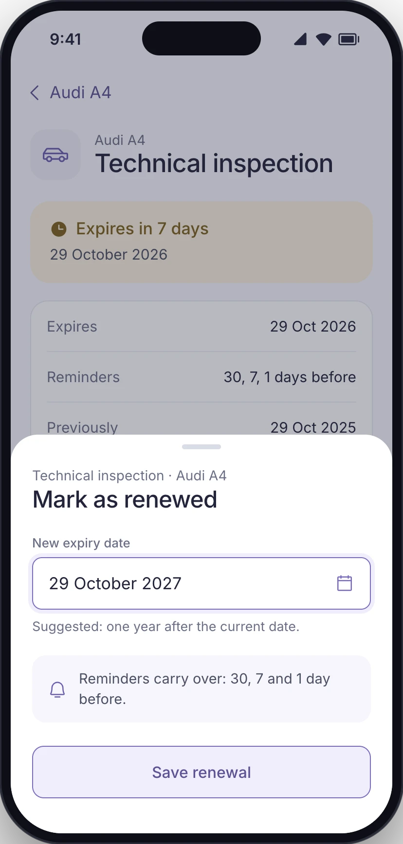 Conceptual product UI. Mark as renewed sheet with a suggested new date