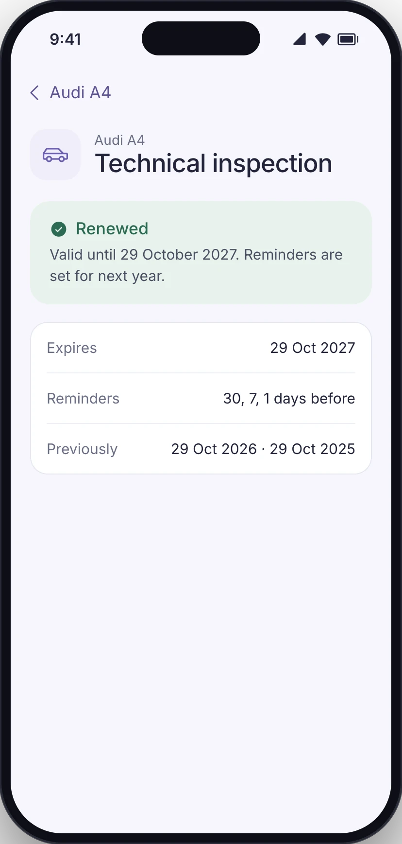 Conceptual product UI. Technical inspection renewed until 29 October 2027